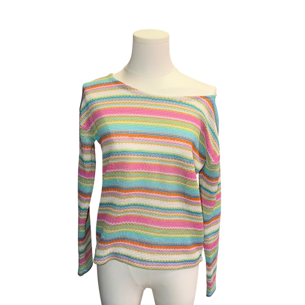 Ginger Womens XS Multi Color Striped Off Shoulder Open Knit Sweater Long Sleeve